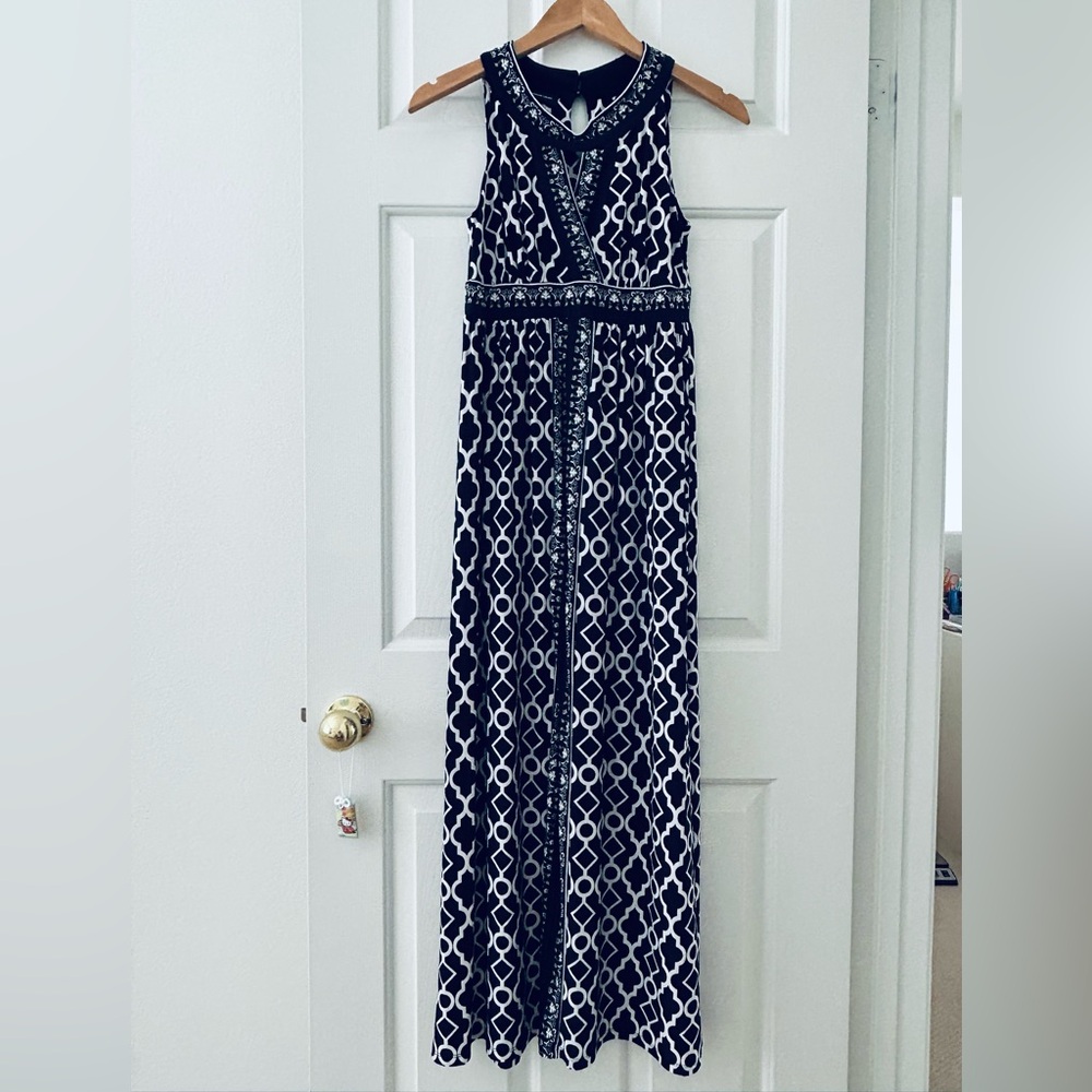 INC International Concepts Maxi Dress Empire Waist Black/White /Green Petite MD